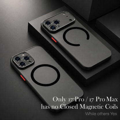 Two black-bordered gray cases show open circular back rings. Text notes the iPhone 17 Pro and Pro Max rings are open while other models use closed rings.