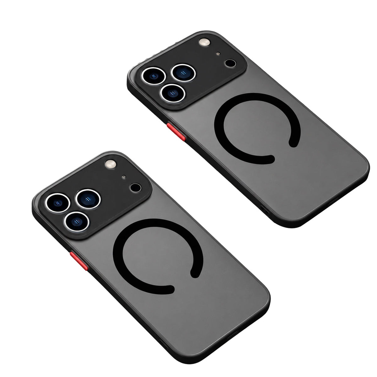 Two smoky gray phone cases with black borders, red side buttons, broad camera guards and black horseshoe-shaped back rings, shown diagonally against white.
