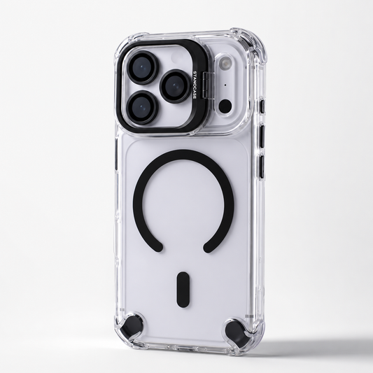 A clear phone case stands upright on a pale surface. Black trim surrounds the three cameras, with a matching open circular ring and short bar on the back and black accents inside the reinforced corners.