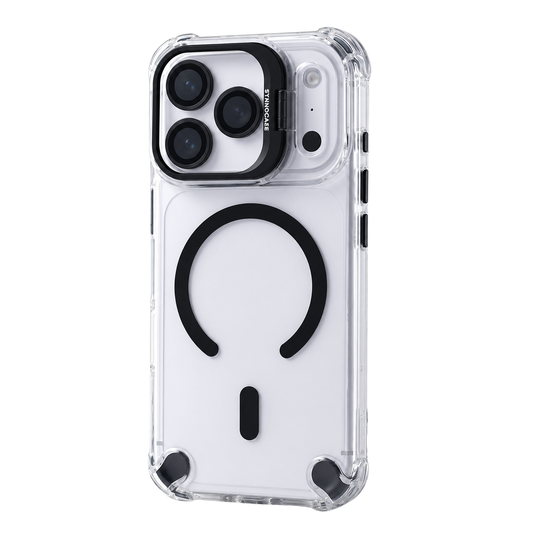 A clear phone case is shown from the back against white, with black camera trim, a black horseshoe-shaped magnetic ring and short bar, and reinforced transparent corners with black accents.