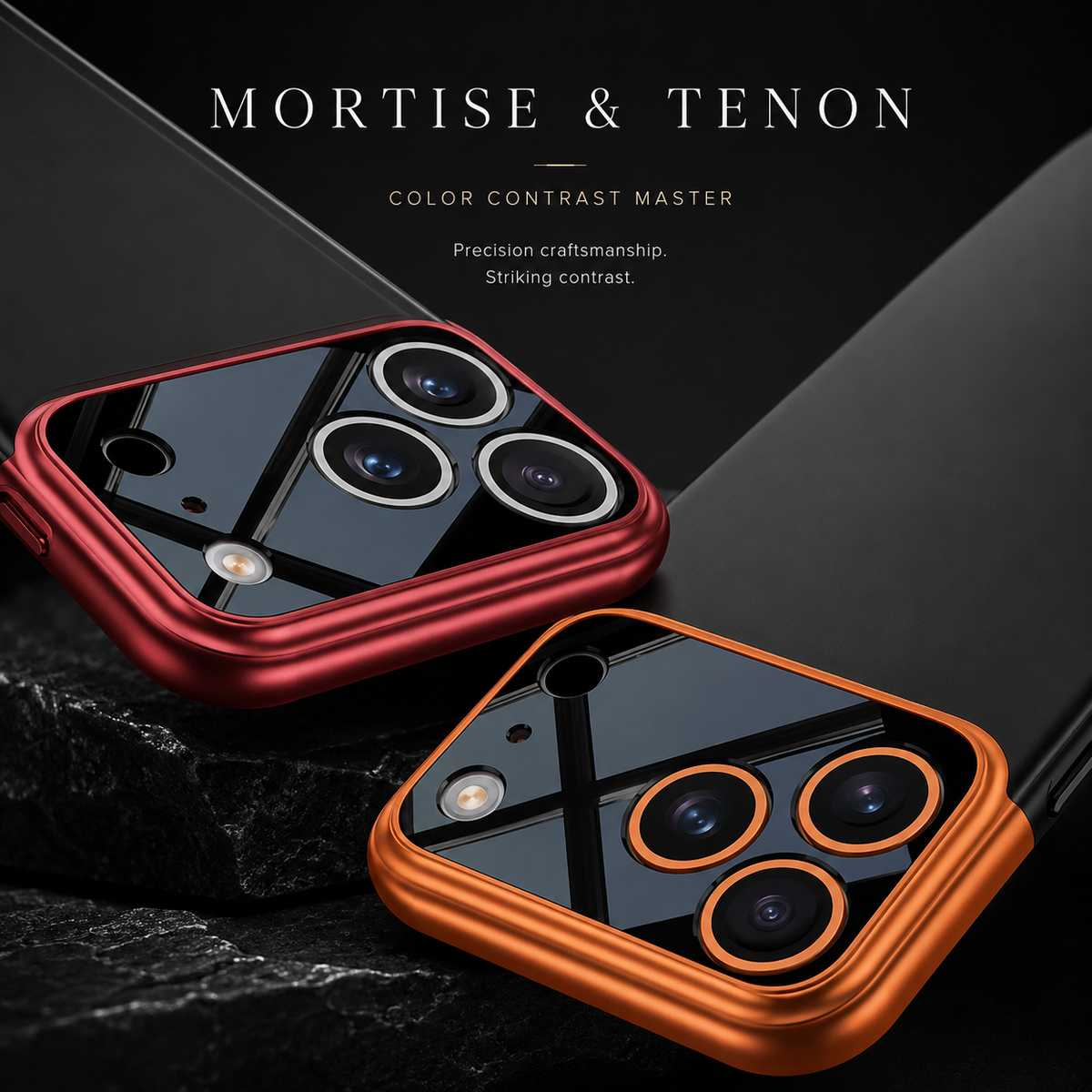 Close-up of two phones with red and orange camera trim, showing glossy lens panels and individual lens rims.
