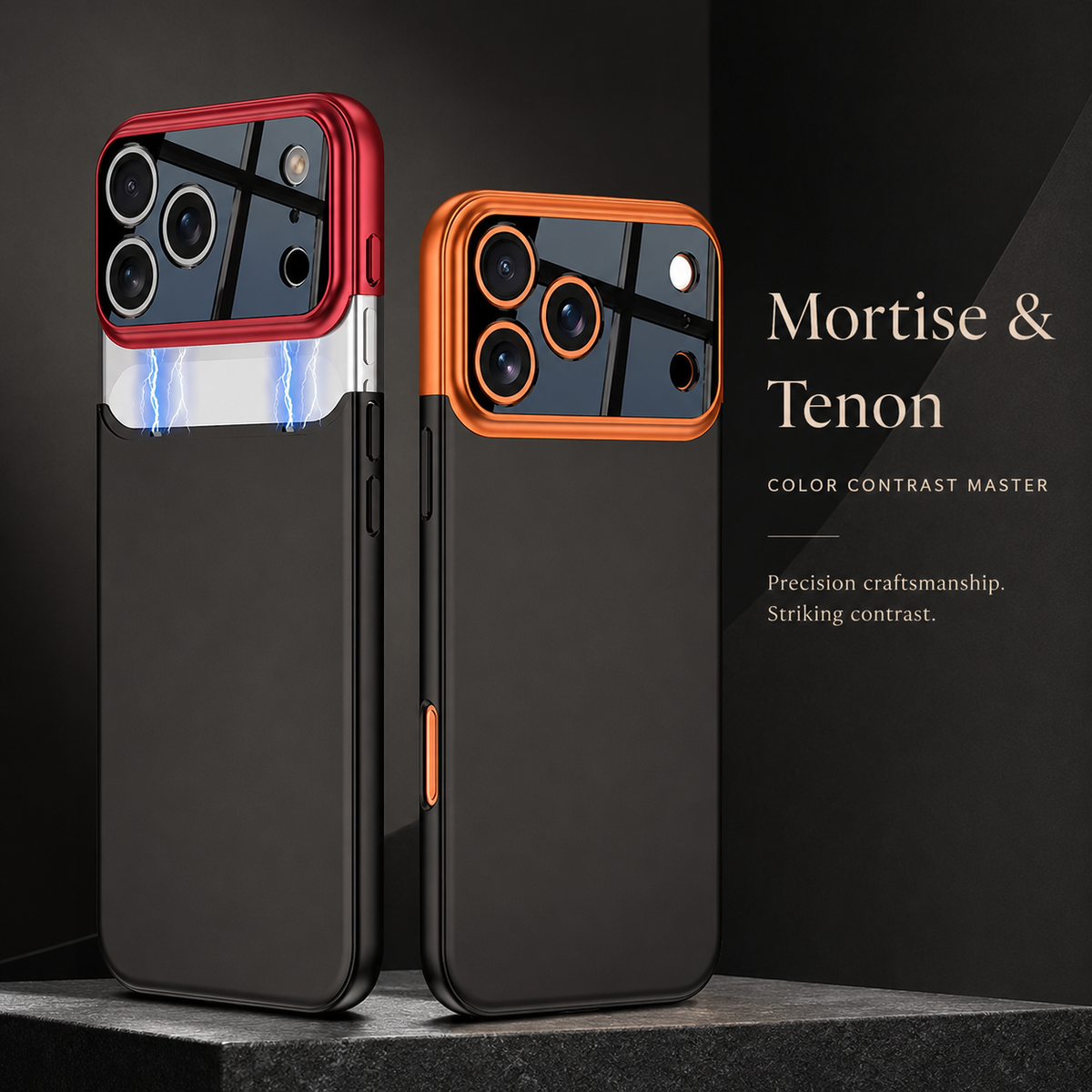 Two black-backed cases with red and orange camera trim stand together, with one camera panel lifted above the case. Text highlights contrasting colors.