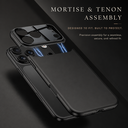 Black phone case with its glossy camera panel lifted above the lenses, with blue assembly graphics. Text describes the fitting design.