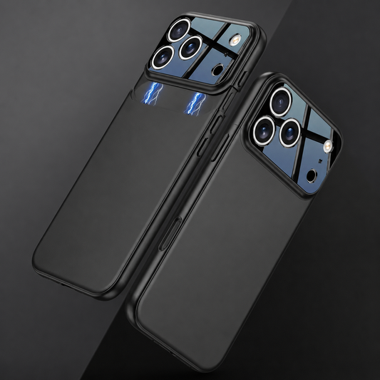Two black phone cases on a dark background, with a glossy camera panel lifted above one case and fitted onto the other.