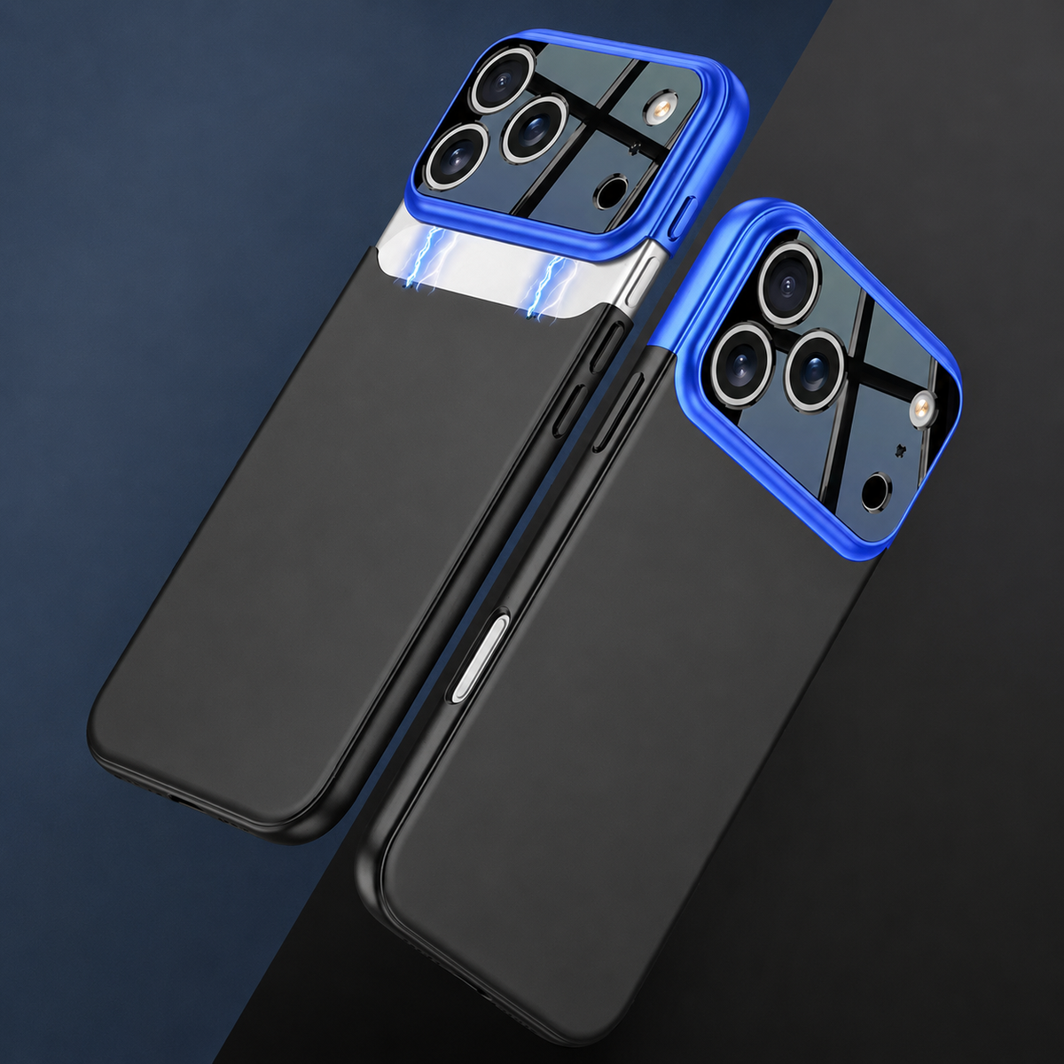 Two black-backed cases with blue camera trim, showing lifted and fitted camera panels against blue and black.