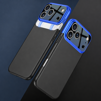 Two black-backed cases with blue camera trim, showing lifted and fitted camera panels against blue and black.