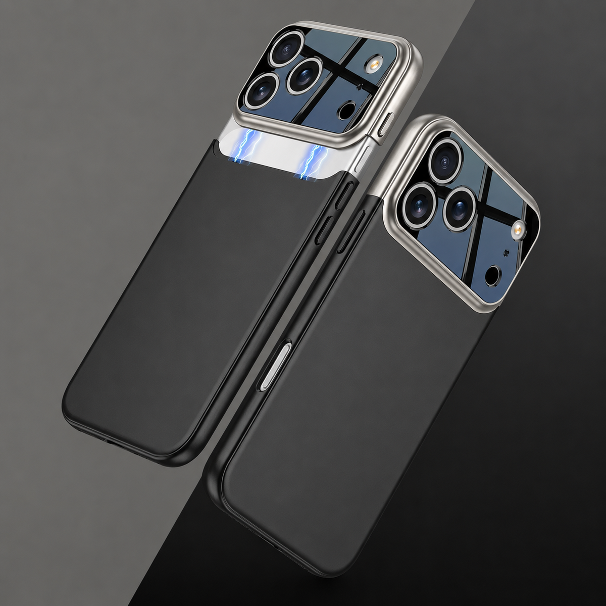 Two black-backed cases with silver camera trim, showing a lifted glossy camera panel and an assembled case against gray.