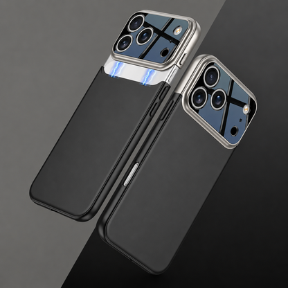 Two black-backed cases with silver camera trim, showing a lifted glossy camera panel and an assembled case against gray.
