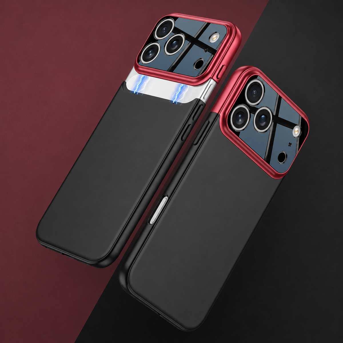 Two black-backed cases with red camera trim, showing lifted and fitted glossy camera panels against burgundy and black.