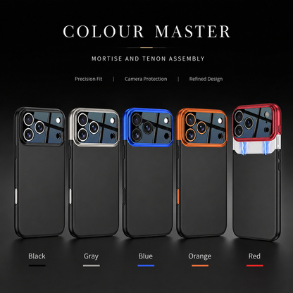 Five black-backed cases standing in a row with camera trim labeled black, gray, blue, orange and red. Text describes their assembly design.