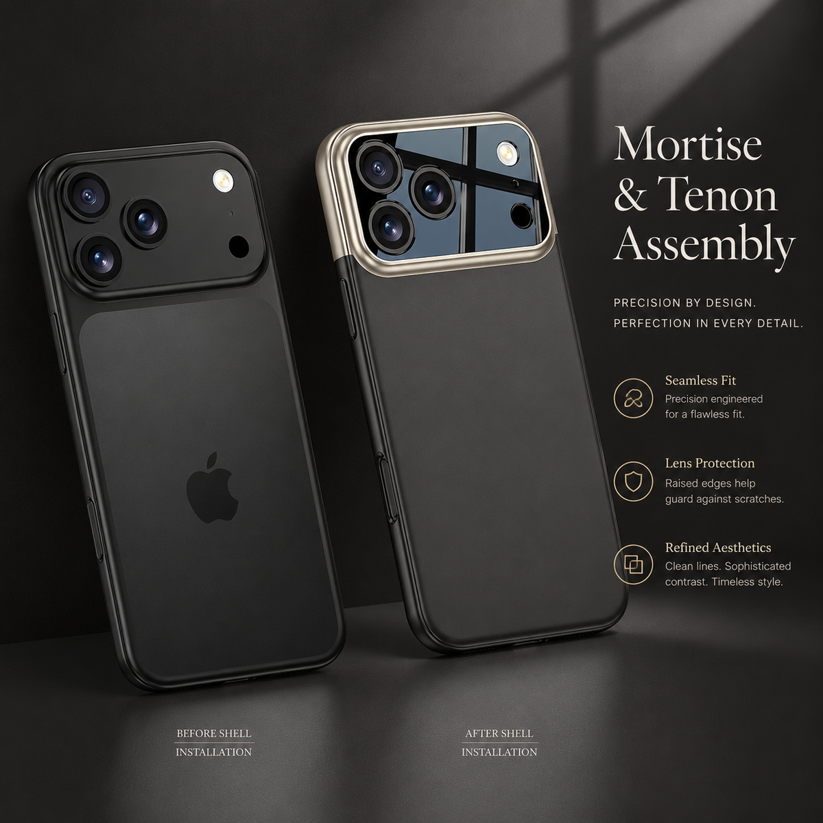 Before-and-after views show a dark phone and a black-backed case fitted with a silver-edged glossy camera panel.