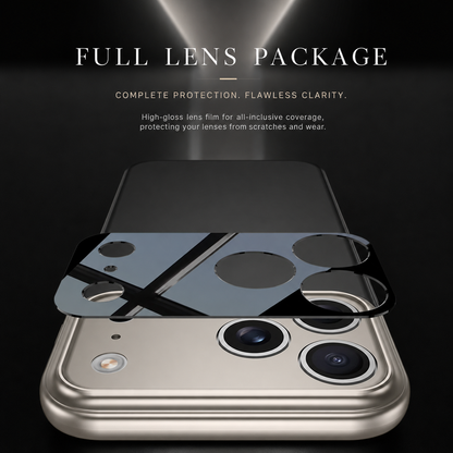 Glossy camera-protection panel hovers above a silver phone's lenses. Text advertises full lens coverage and scratch protection.