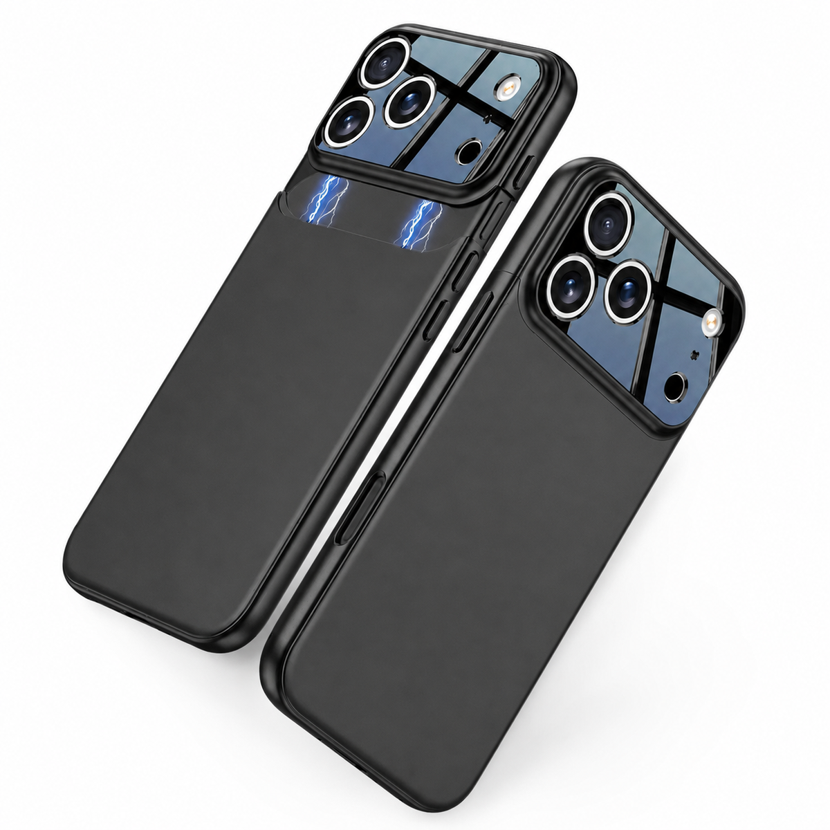 Two black phone cases shown diagonally, with plain dark backs and glossy camera panels. One panel is lifted above the case with blue assembly graphics.