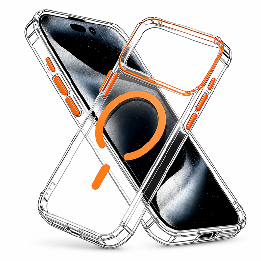 Clear case and phone cross diagonally, with orange camera trim, side buttons and an orange horseshoe-shaped ring and bar.