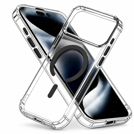 Clear phone case crosses diagonally in front of a phone, showing black camera trim, button covers and a black horseshoe-shaped back ring and short bar.