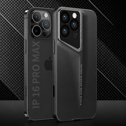 A bare black phone and a black-cased phone stand upright against a dark checker-patterned background. Large vertical lettering on the bare phone reads 'IP 16 Pro Max.' The case has an angular silver-colored surround around three rear cameras and a tapered ridge with narrow lettering down the back.