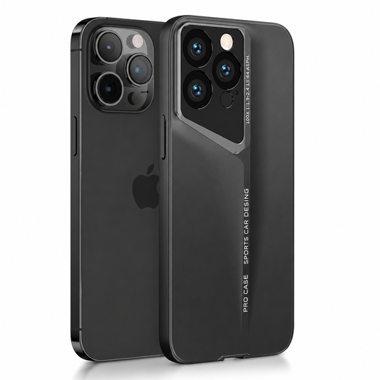Two black phones stand upright together on a white background. The rear phone shows its logo and three lenses, while the front wears a matte black case with an angular silver-colored camera surround. A sloping ridge tapers down the back beside narrow printed lettering.