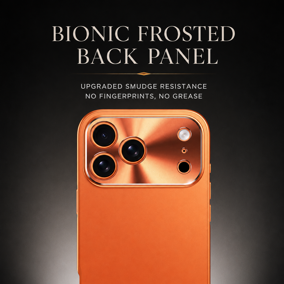 A close-up shows an orange case's matte back and shiny camera panel. Text advertises a frosted back with resistance to fingerprints, grease and smudges.