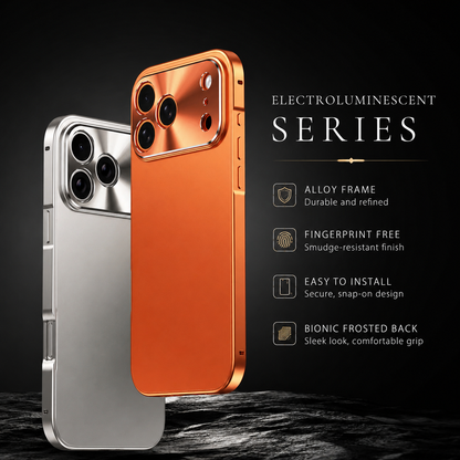 Orange and silver-colored phone cases stand on rough dark stone. Text advertises an alloy frame, fingerprint resistance, easy installation and a frosted back.
