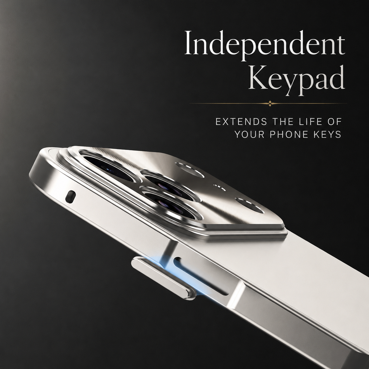 A close-up of a silver-colored case's side shows a separate button cap extended from its opening. Text labels independent keys and claims longer button life.