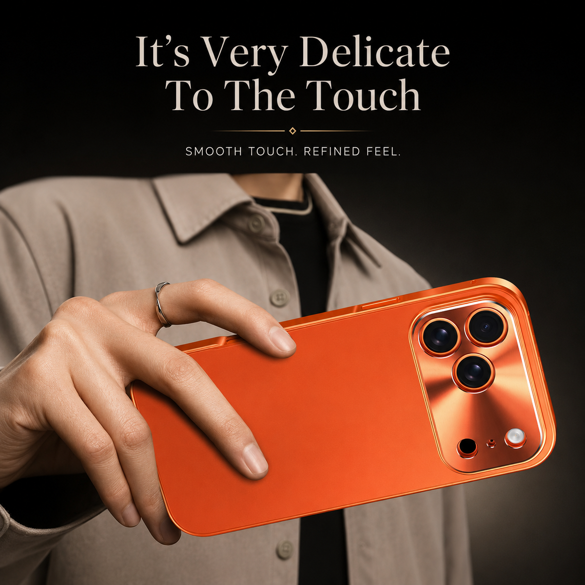 A person holds an orange phone case horizontally against a beige shirt. One finger rests on its matte back; text advertises a smooth refined touch.
