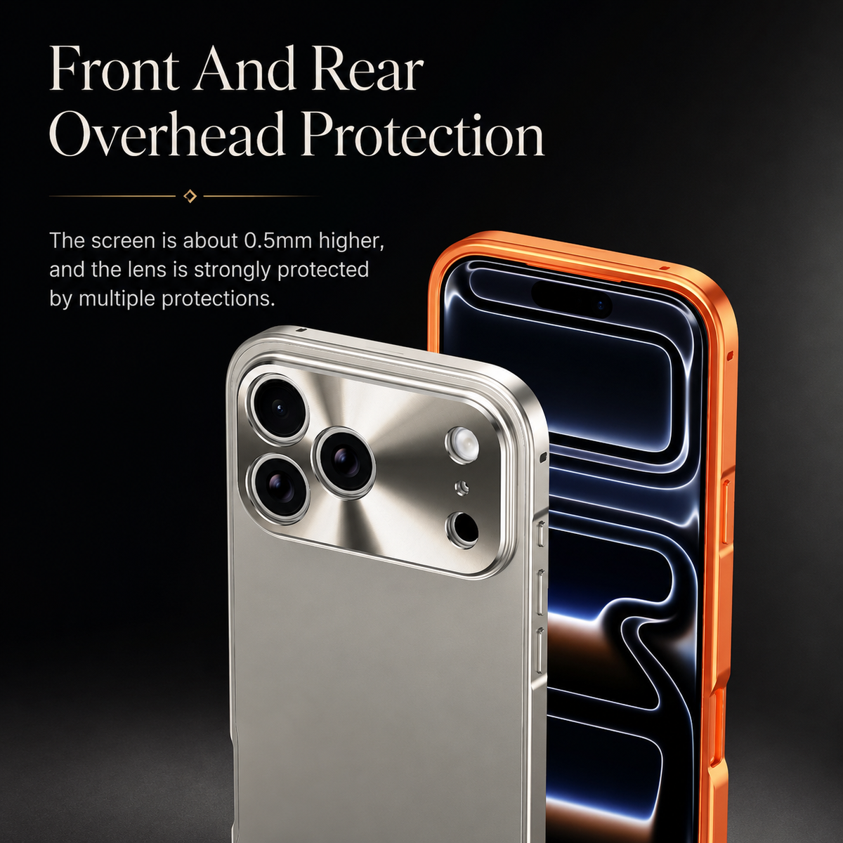 Front and rear views of orange and silver-colored cases stand against black. Text describes raised screen and camera edges and labels the screen border about 0.5 millimeters higher.