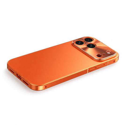 An orange phone case lies diagonally on white, showing a plain matte back, shiny frame and broad raised camera panel with separate lens openings.