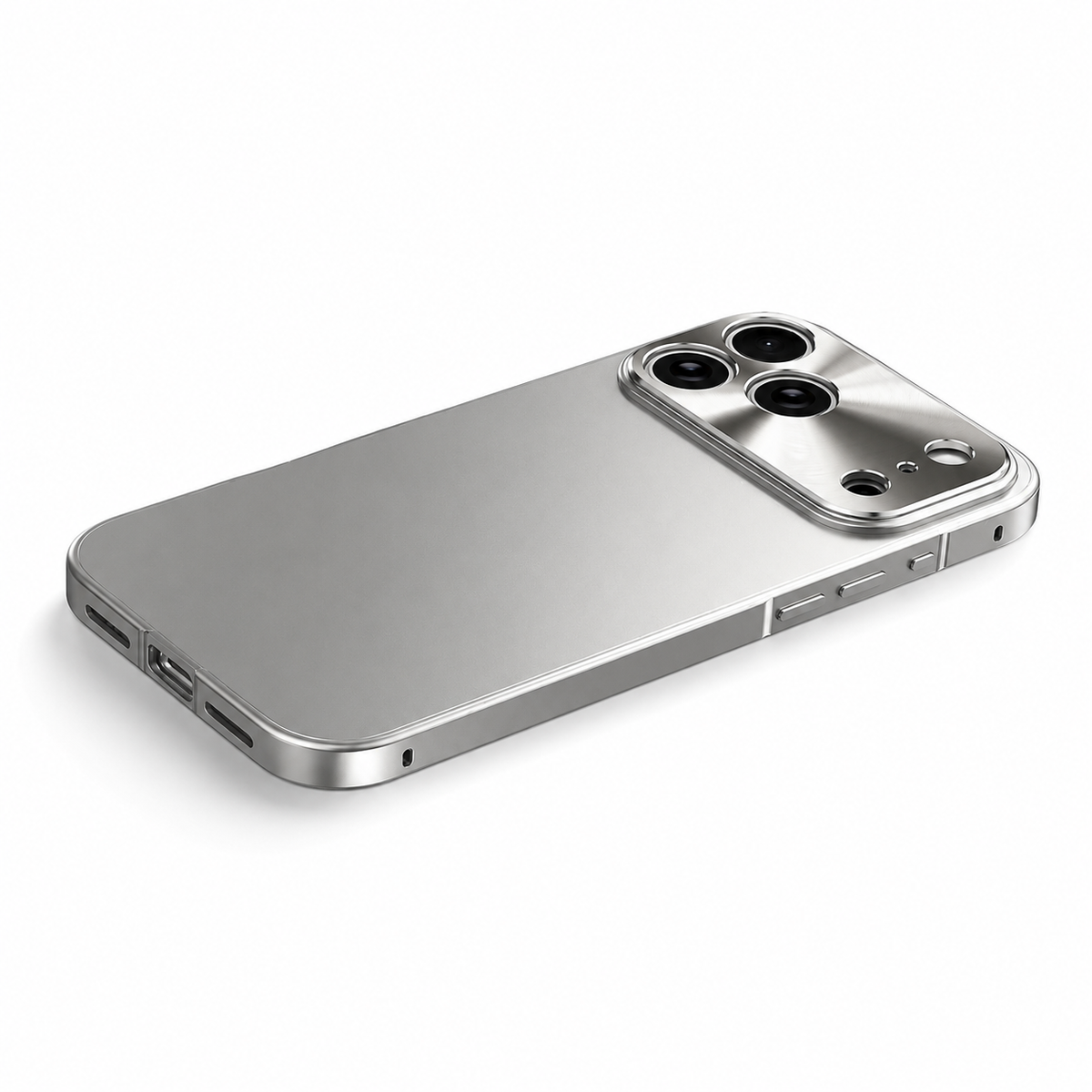 A silver-colored phone case lies diagonally on white, showing a plain matte back, shiny frame and broad raised camera panel with separate lens openings.