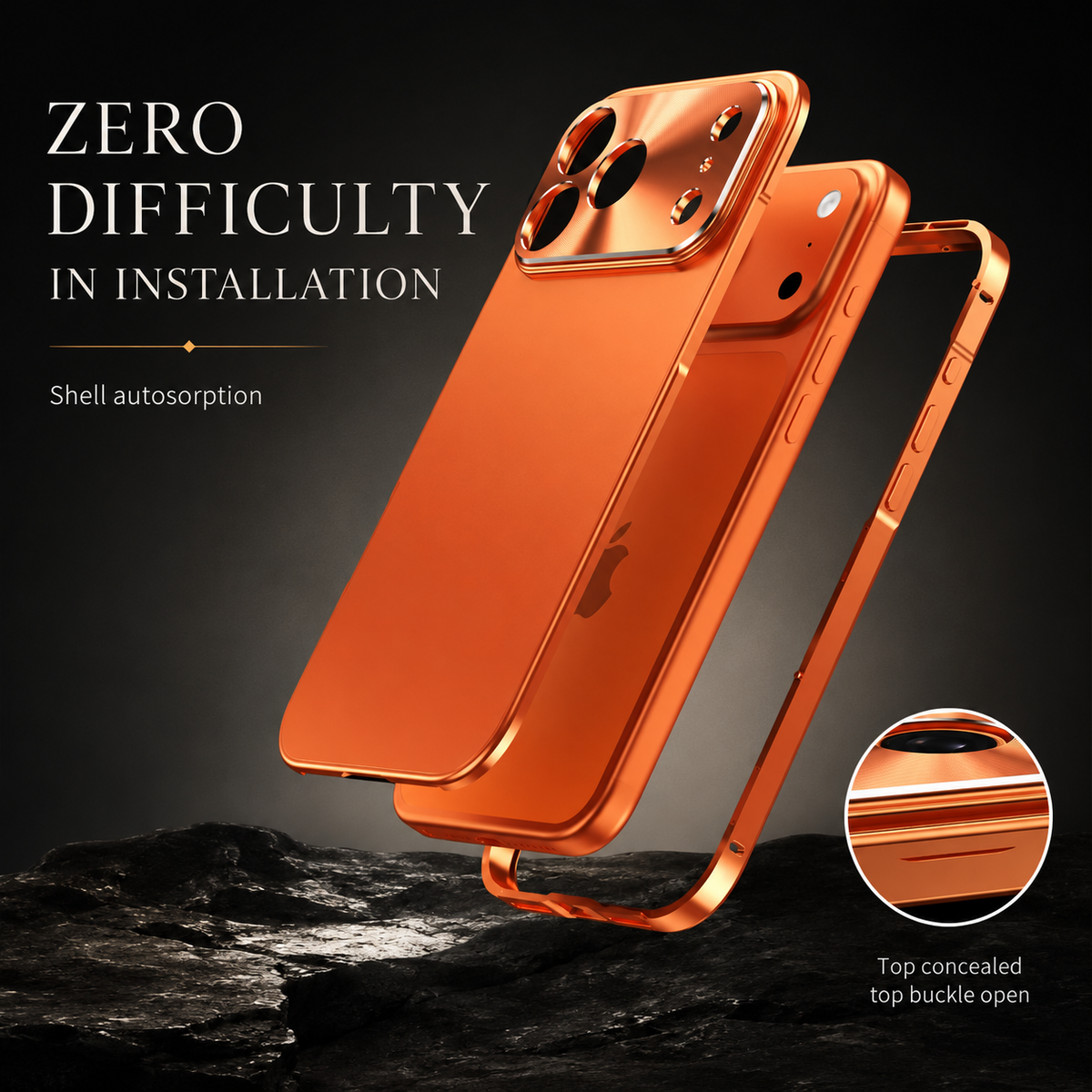 An exploded illustration separates an orange case back, phone and frame. An inset highlights the top clip; text advertises easy installation.
