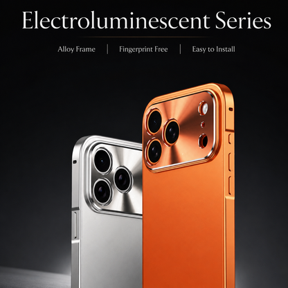 Orange and silver-colored phone cases stand against black under an Electroluminescent Series heading. Text advertises an alloy frame, fingerprint resistance and easy installation.