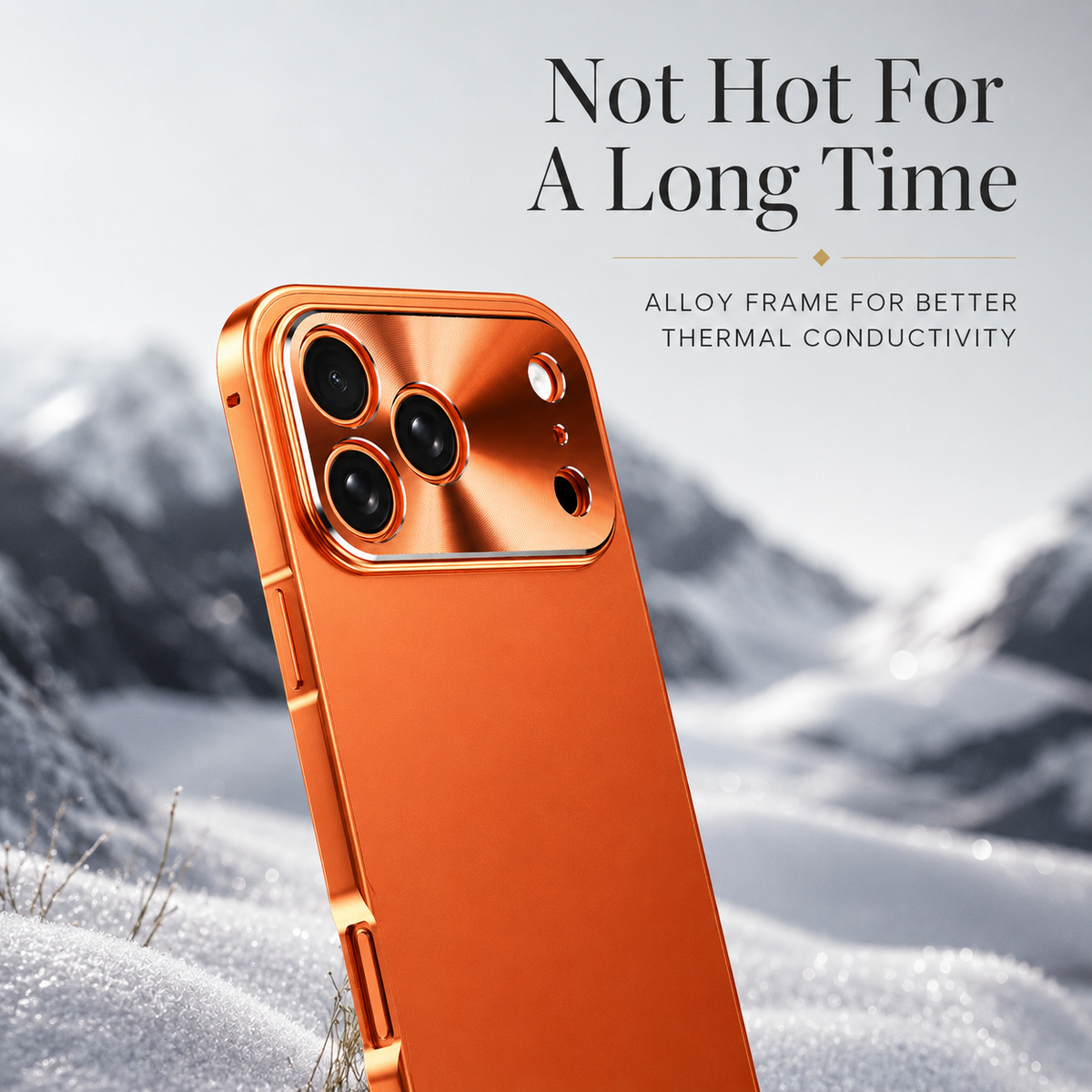 An orange phone case stands in snow against distant mountains. Text advertises an alloy frame for thermal conductivity and a cooler feel.