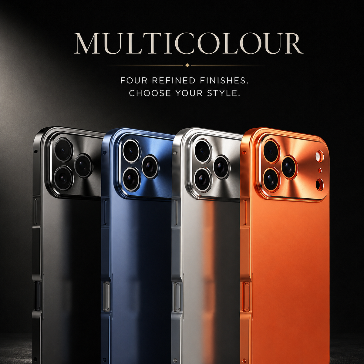 Black, blue, silver-colored and orange cases stand in a row against black. Text describes four color finishes.