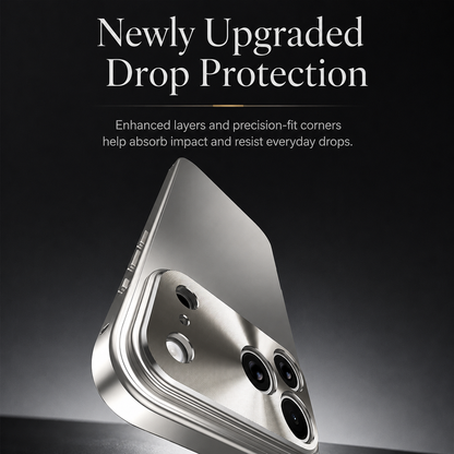 A silver-colored phone case is illustrated tilting toward a rough surface. Text advertises added protective layers and upgraded drop protection.