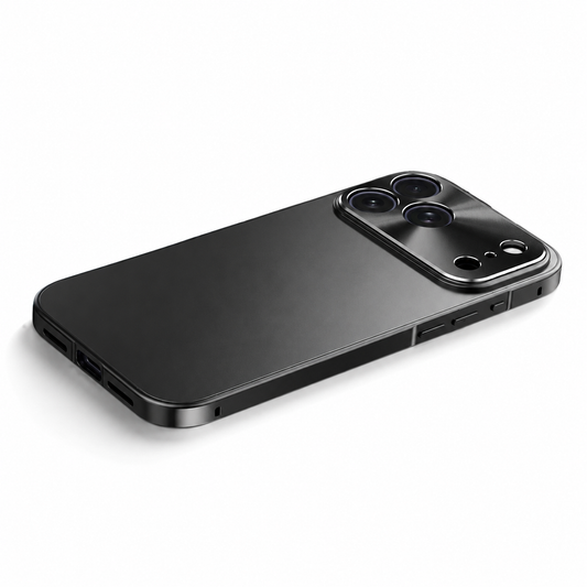 A black phone case lies diagonally on white, showing a plain matte back, shiny frame, separate camera openings and broad raised camera panel.