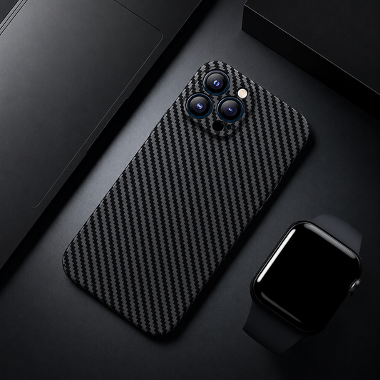 A phone case with gray and black diagonal stripes lies diagonally on a dark desk beside rectangular display objects and a black smartwatch. Closely spaced stripes create a woven appearance across the back. Raised individual camera borders surround three lenses, and a narrow matching rim traces the rounded corners.
