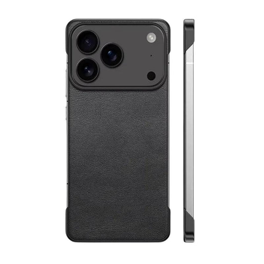Rear and narrow side views show a black leather-look phone case against white. A raised black panel surrounds the three cameras, while the side view shows a slim back with exposed silver-colored phone edges.