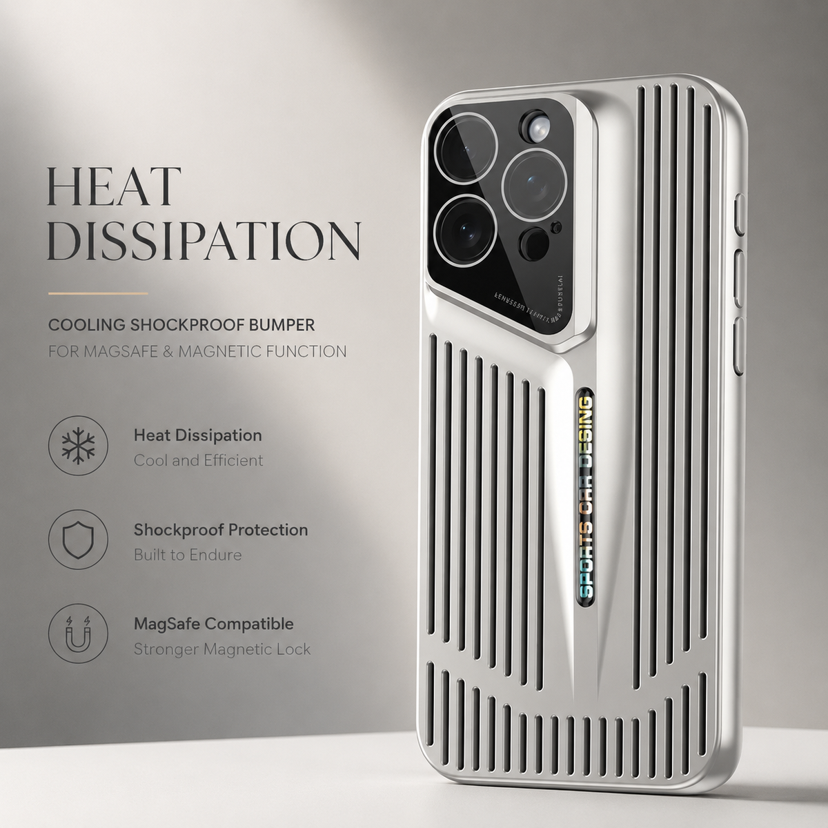 A silver slotted case stands upright on a pale surface. Text advertises heat dissipation, shock protection and magnetic compatibility.