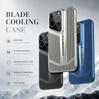 Silver, black and blue slotted cases overlap in front of snowy mountains. Icons promote heat dispersion, plated finish, protection and a refined feel.