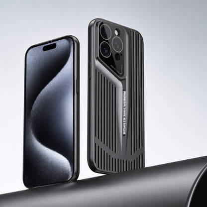 Front and rear views show a black slotted case on a curved dark platform. The angled camera border extends into a central ridge among the long vertical slots.