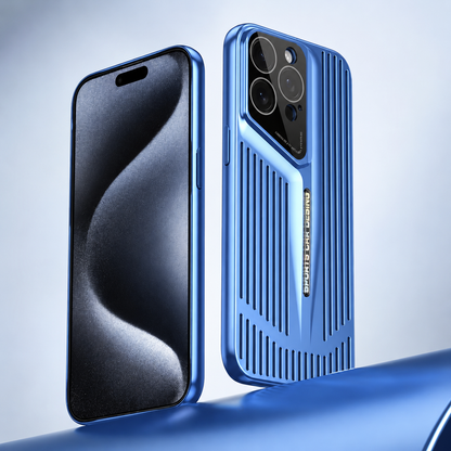 Front and rear views show a blue slotted case on a curved blue platform. Its tapered center strip separates the long openings around the angular camera panel.