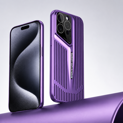 Front and rear views show a purple slotted case on a curved purple surface. An angular camera border and narrow central ridge divide the vent-like openings.