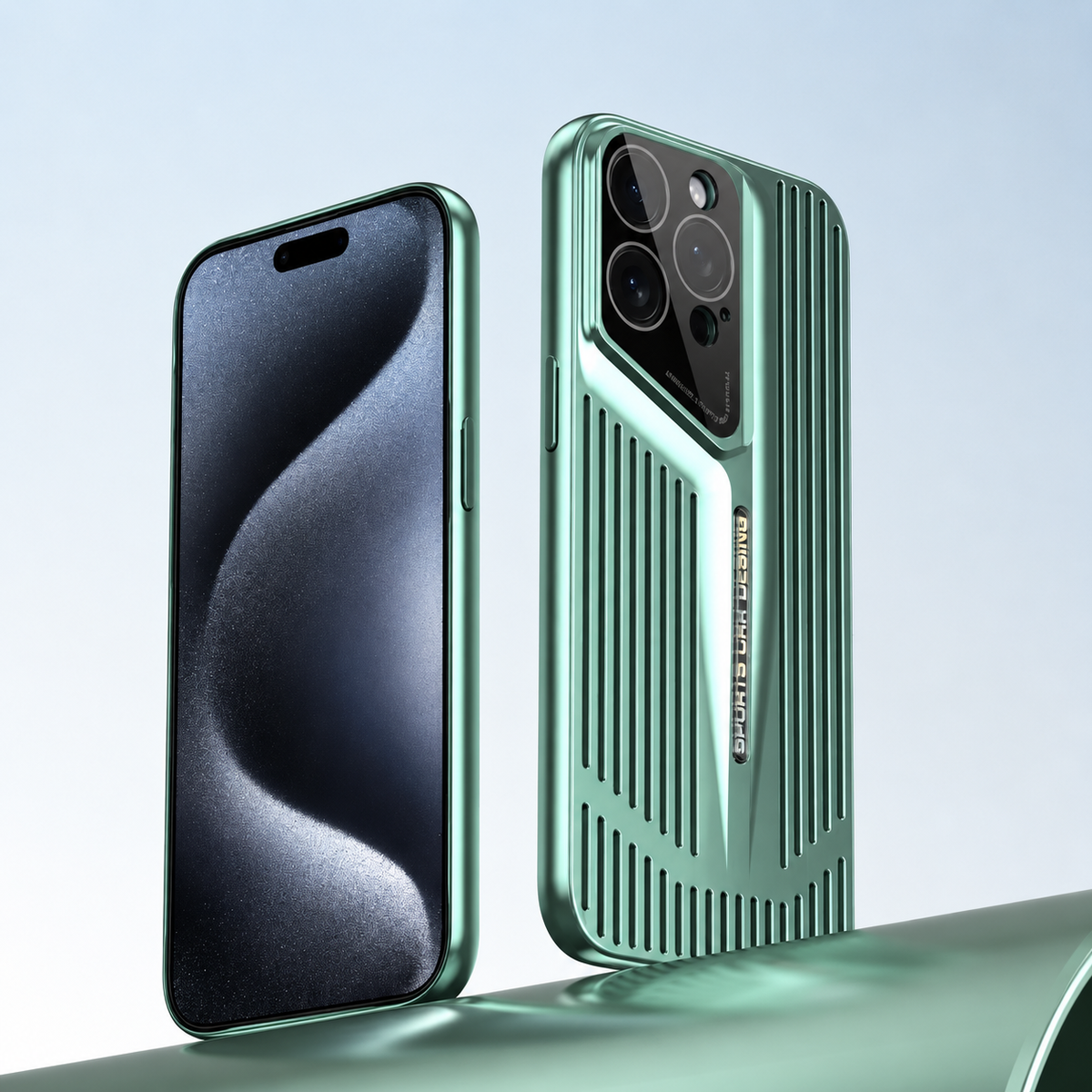 Front and rear views show a green slotted case on a curved green platform. Its long narrow openings surround a central blade-like ridge.
