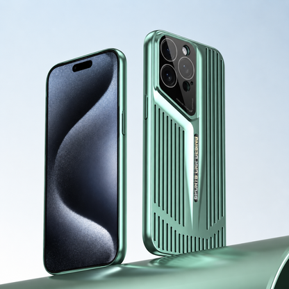 Front and rear views show a green slotted case on a curved green platform. Its long narrow openings surround a central blade-like ridge.