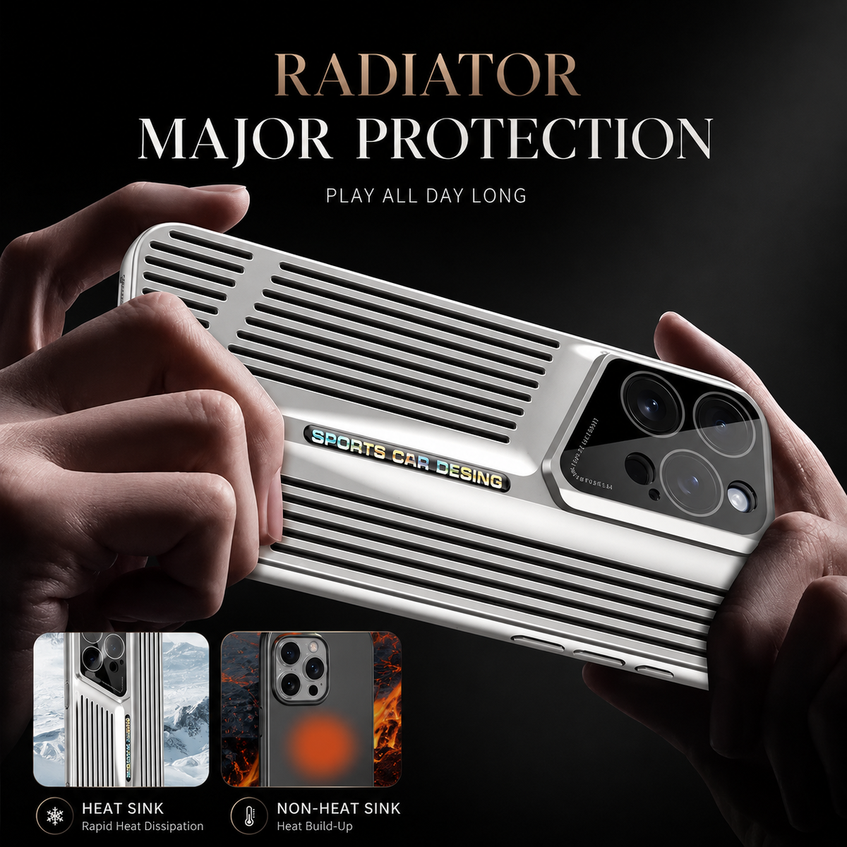 Two hands hold a silver slotted case horizontally. Insets compare advertised heat dispersion with heat buildup in a plain case.
