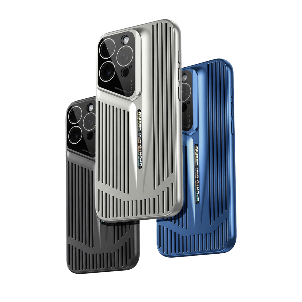 Silver, black and blue cases float in an overlapping group on white. Long narrow black slots run down their backs around a tapered central ridge and slanted camera panel.