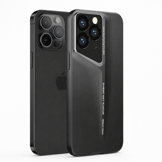 A black phone stands beside a black blade-design case on white. A silver-looking slanted camera border tapers into a long ridge with vertical lettering down the matte back.
