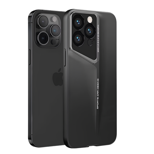 A black bare phone stands beside a fitted black case on white. An angular blade-like ridge runs down the case back below a large raised three-lens camera surround.