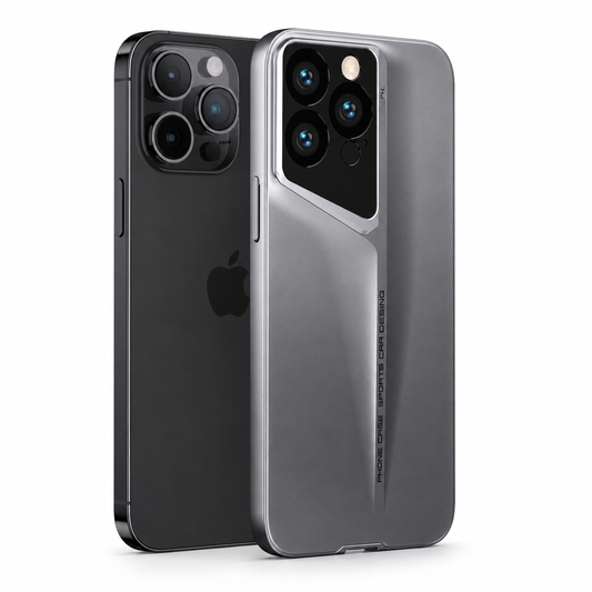 A black phone and a gray-cased phone stand together against a white background. The gray case has a raised silver-colored angular camera surround framing three lenses, with a sloping ridge and narrow vertical lettering down the matte back. The black phone behind it shows its exposed rear logo.