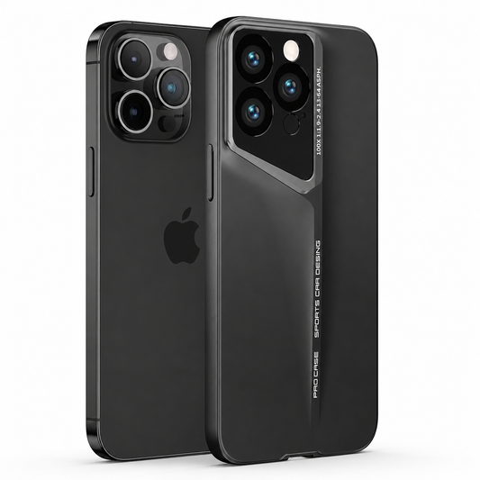 Two black phones stand upright at overlapping angles against a white background. The rear phone shows its logo and three camera lenses. The front phone wears a matte black case with a raised silver-colored angular camera surround and a long sloping ridge down the back beside narrow printed lettering.