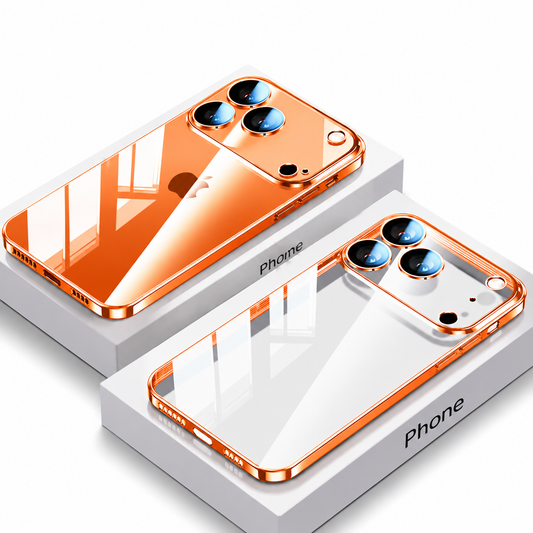 An orange phone and orange-edged transparent case rest on white boxes, showing glossy reflections and separate raised borders around three camera lenses.
